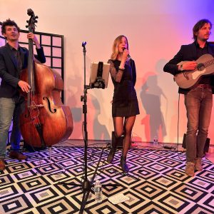 Concert du trio de chanson française acoustique Bonjour Sourire dans une salle de concert en Seine et Marne